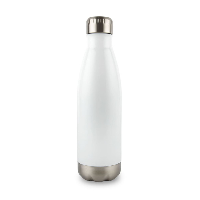 A drink bottle in a sleek white design with a stainless steel base and finish. It features a logo on the front.