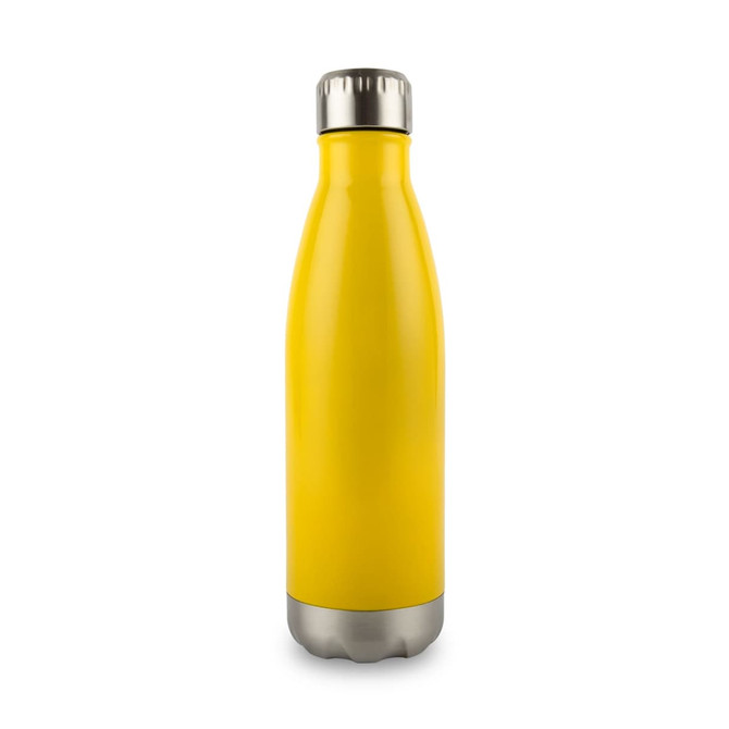 A drink bottle in bright yellow with a stainless steel base and neck. It features a logo.