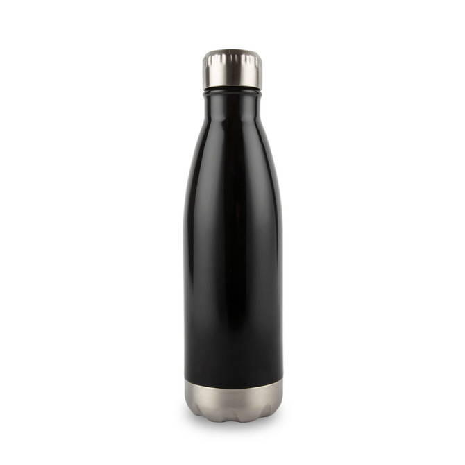 A drink bottle in a sleek black design with a stainless steel bottom and a metallic cap. It has a logo.