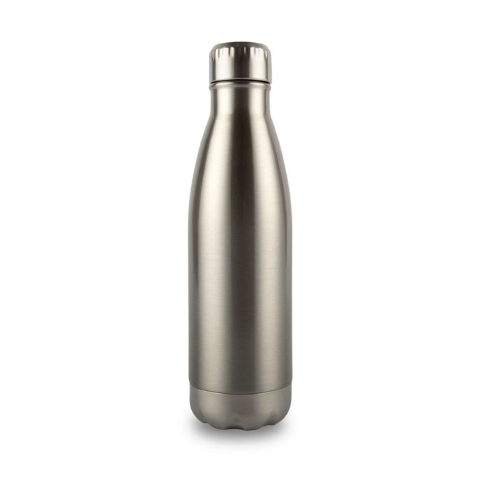 A drink bottle in a sleek metallic finish with a screw-top lid and a circular base. Features a logo on the surface.