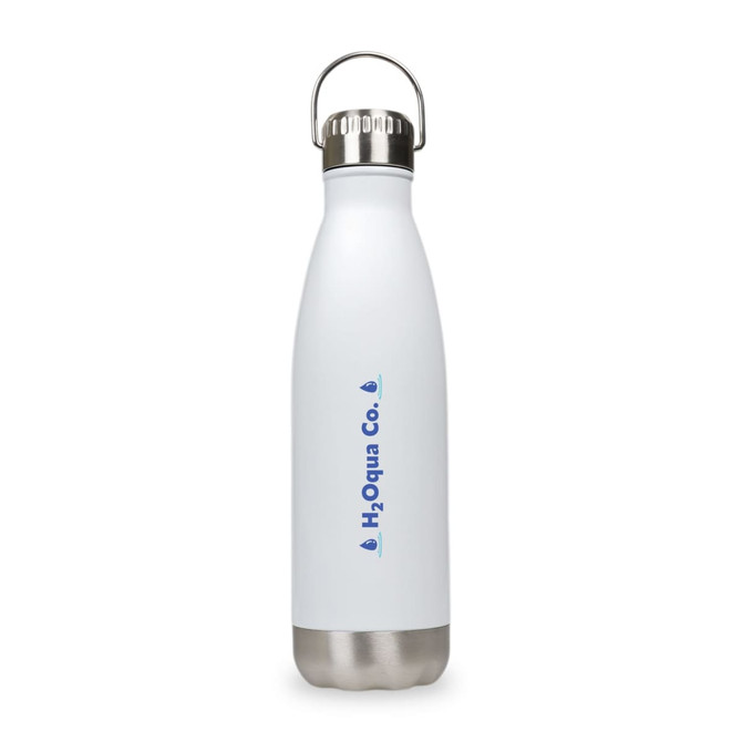 A drink bottle in white with a stainless steel bottom and a hanger lid, featuring a logo.