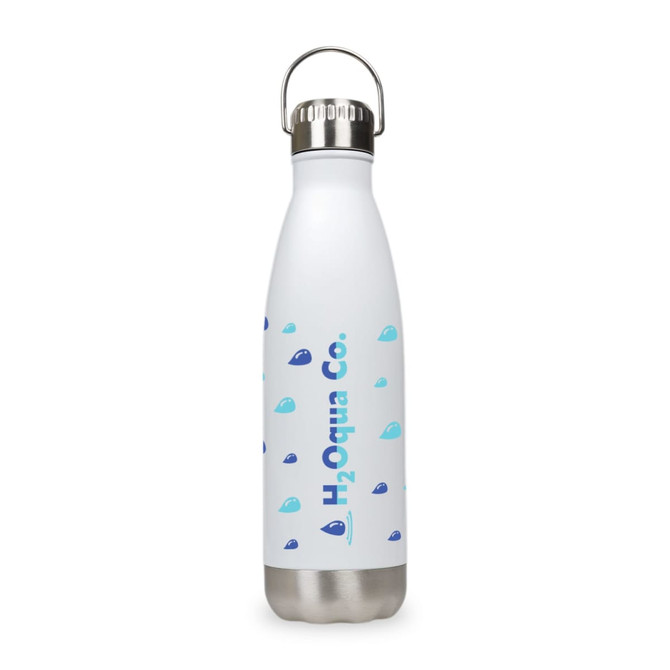 A drink bottle with a white body, stainless steel base, and a silver hanger lid, featuring a logo and blue water droplet designs.