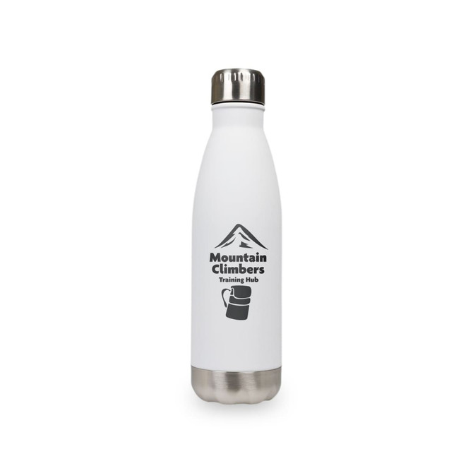 A drink bottle in white with a stainless steel base, featuring a logo and mountain graphic.