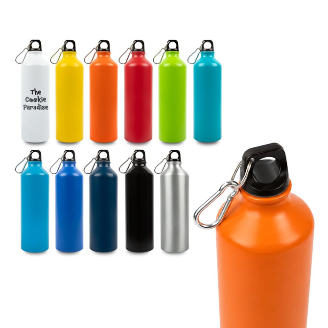A drink bottle collection featuring various colours, including orange, black, blue, and white, with a hook for attachment.