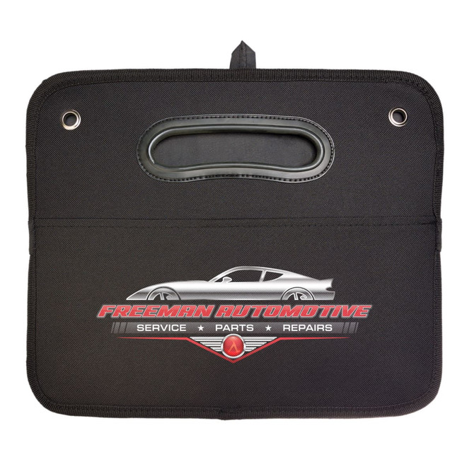 A black cargo storage organiser featuring handles and a logo, designed for automotive use.