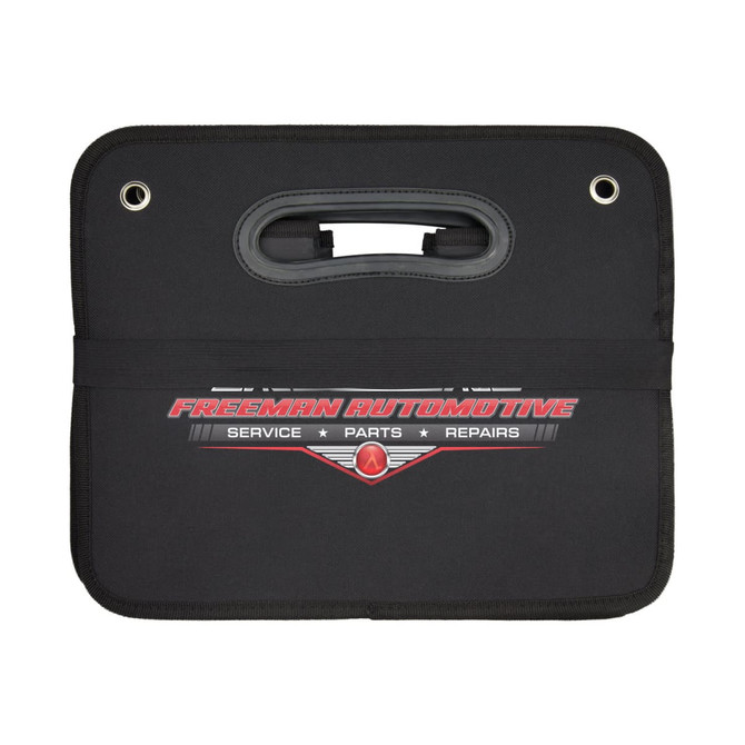 A black cargo storage organiser with handles and a logo, featuring a rectangular design and secure closure.