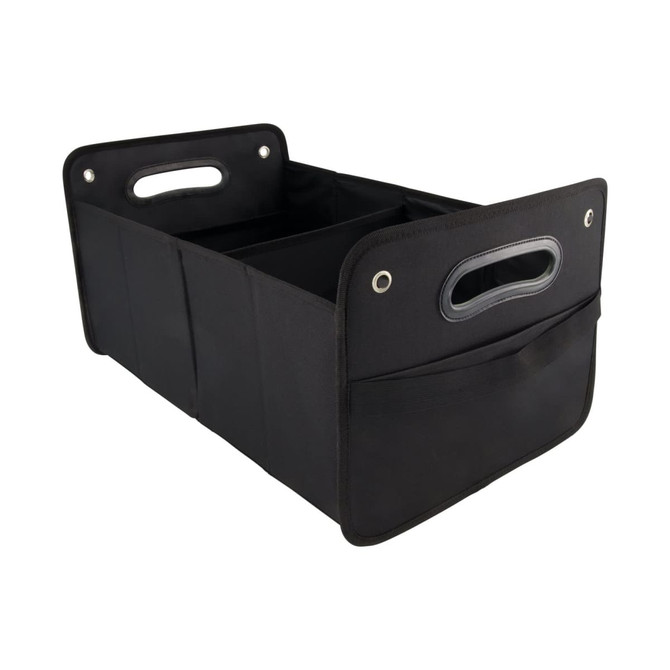 A black cargo storage organiser with multiple compartments and carrying handles, featuring a side pocket.