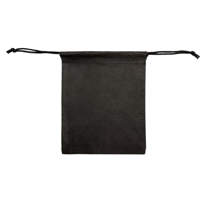 A black drawstring pouch with a simple design and drawstring closure, featuring a logo.