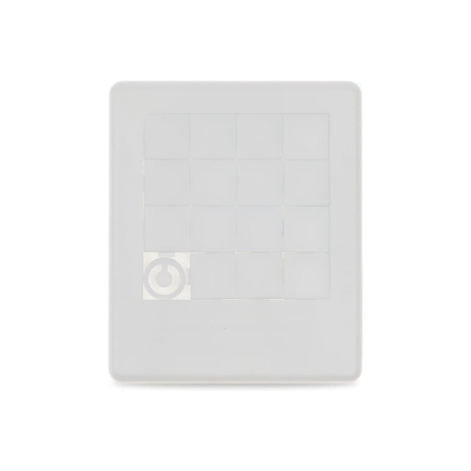 A white sliding tile puzzle with a grid design and one blank tile, featuring a circular logo in the corner.
