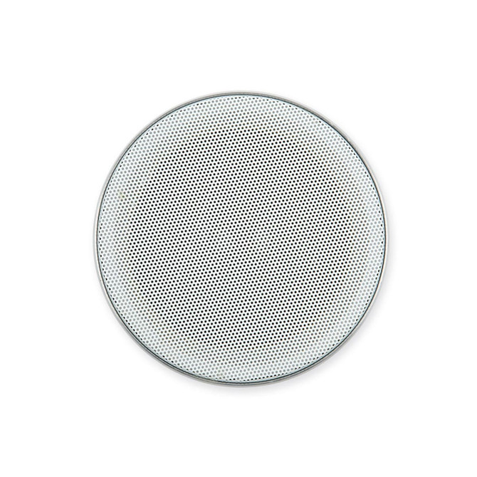 A circular speaker featuring a mesh grille design in silver, suitable for audio use.