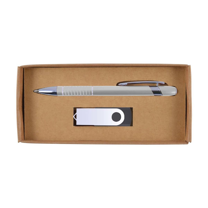 A cardboard gift set containing a sleek silver pen and a USB flash drive, presented in a simple brown box.