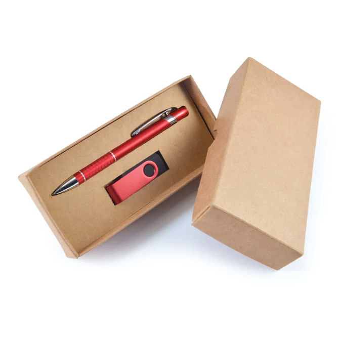 A cardboard gift set featuring a red pen and a black USB drive, packaged in a simple, light brown box.