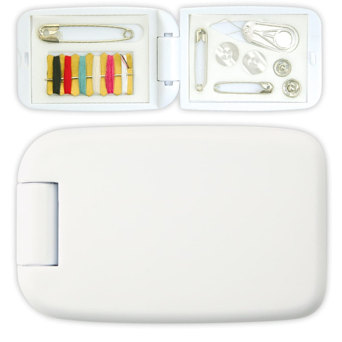 A white sewing kit with various threads, buttons, safety pins, and a needle inside a compact case.