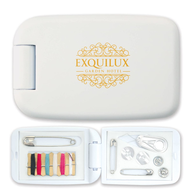 A white sewing kit containing threads, buttons, safety pins, and a needle, with a logo on the exterior.