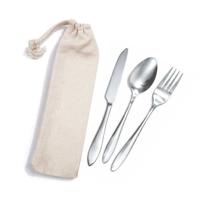 A cutlery set featuring a knife, fork, and spoon in a calico pouch. The cutlery is stainless steel with a sleek design.