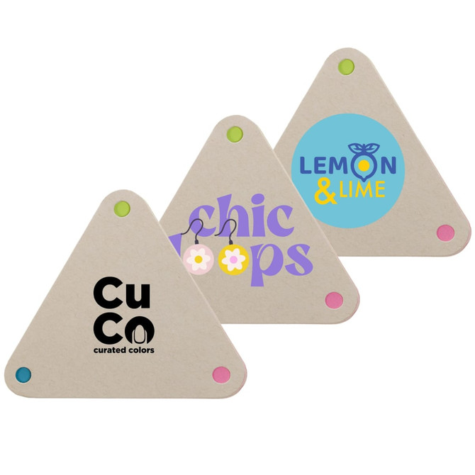 A set of triangular sticky notes featuring pastel colors and various logos on a cream background.