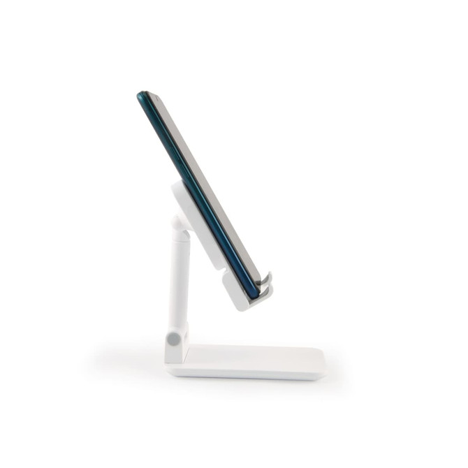 A white phone stand with an adjustable arm, holding a mobile phone in a vertical position.