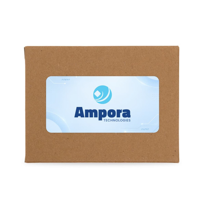 A brown kraft packaging box featuring a logo for Ampora Technologies. The box is simple and unembellished.