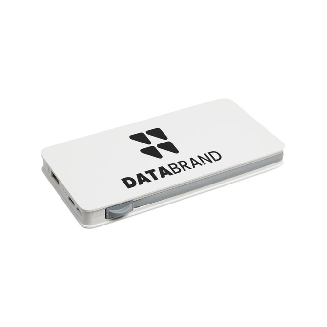 A white power bank with a grey accent and a logo on the surface, designed for charging devices.
