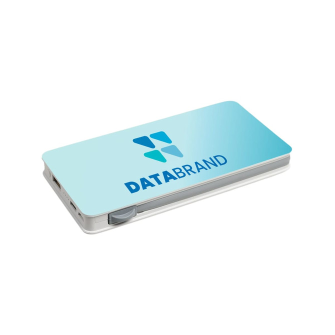 A wireless power bank in light blue and white, featuring a logo on the top surface.