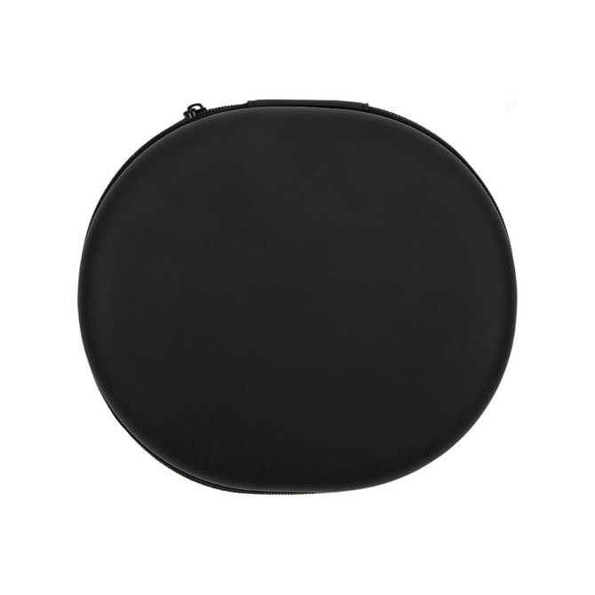 A round, black case designed for storing headphones, featuring a zip closure and a smooth exterior.
