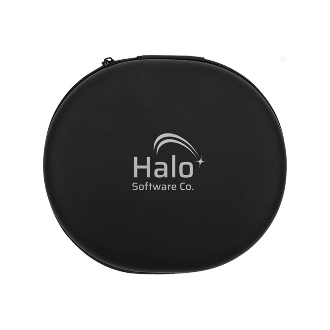 A black round case with a logo, designed for holding headphones.