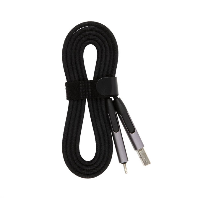 A black charging cable with a braided design and dual connectors, secured with a Velcro strap.