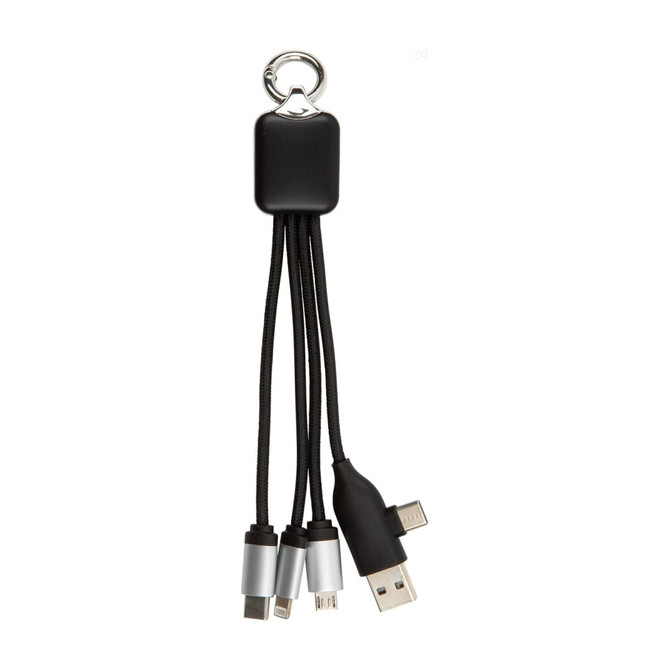 A black charging cable with multiple connectors, attached to a keyring for convenience.