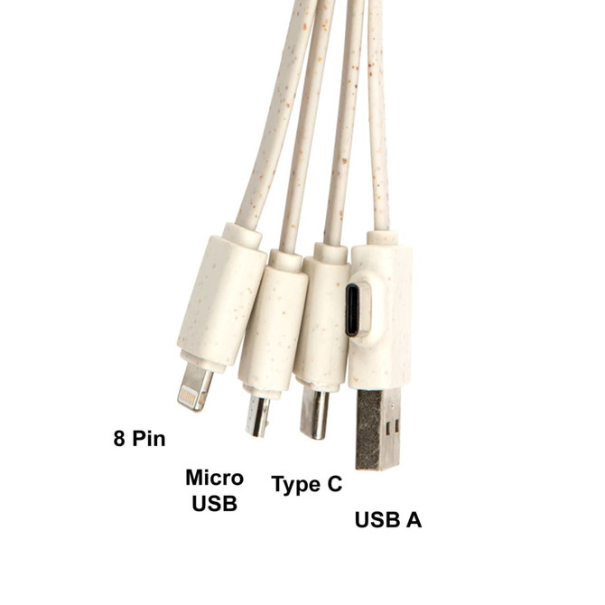 A Bamboo charging cable in cream colour featuring 8 Pin, Micro USB, Type C, and USB A connectors.