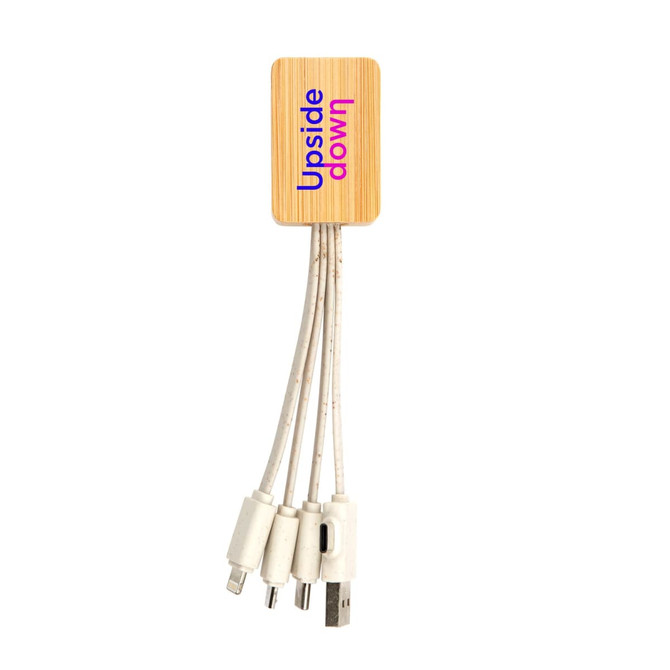 A bamboo charging cable with multiple connectors, featuring a square design and white cables, complete with a logo.