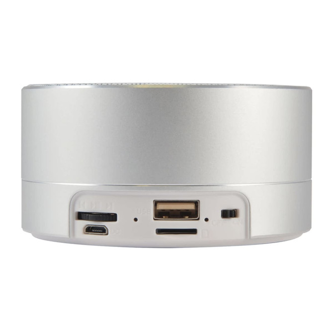 A Bluetooth speaker featuring a sleek silver design with various ports, including USB and audio input.