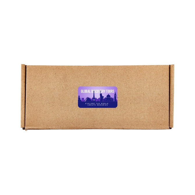 A brown cardboard box featuring a purple and blue logo with a skyline design. The box is closed and unmarked.