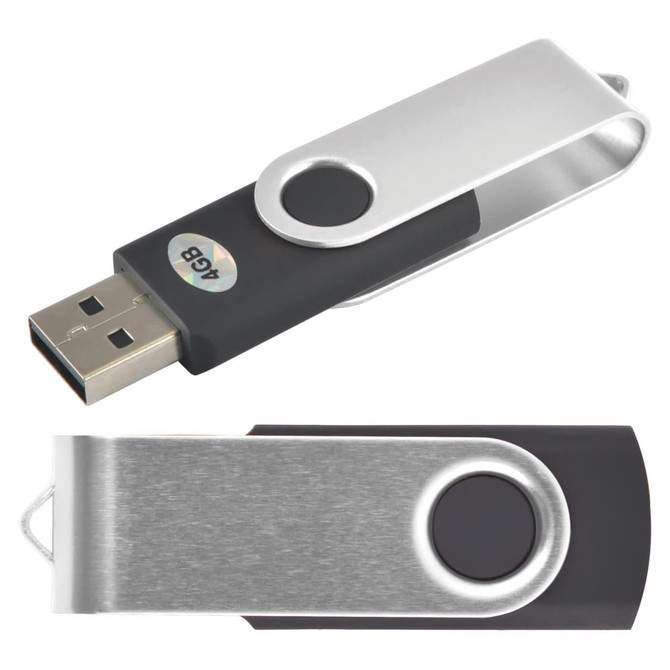 A swivel USB flash drive featuring a black and silver design with a metallic clip and a circular button.