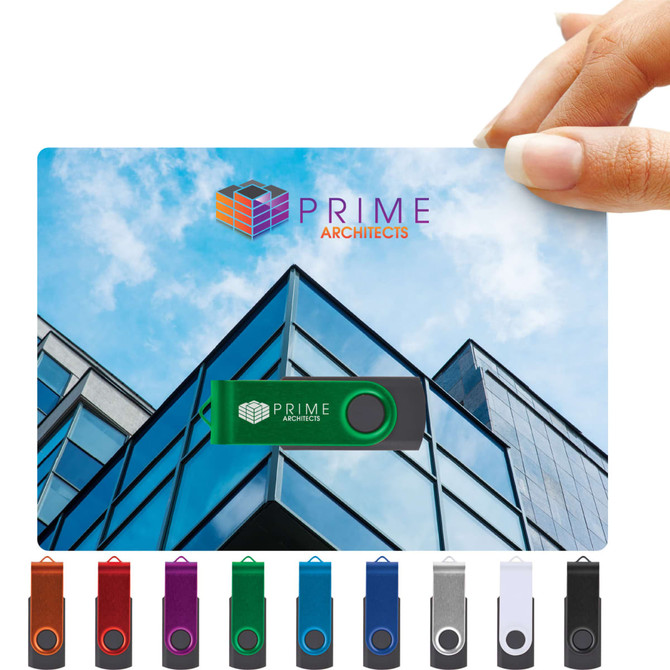 A swivel USB flash drive in various colors displayed against a card featuring a logo and a building background.