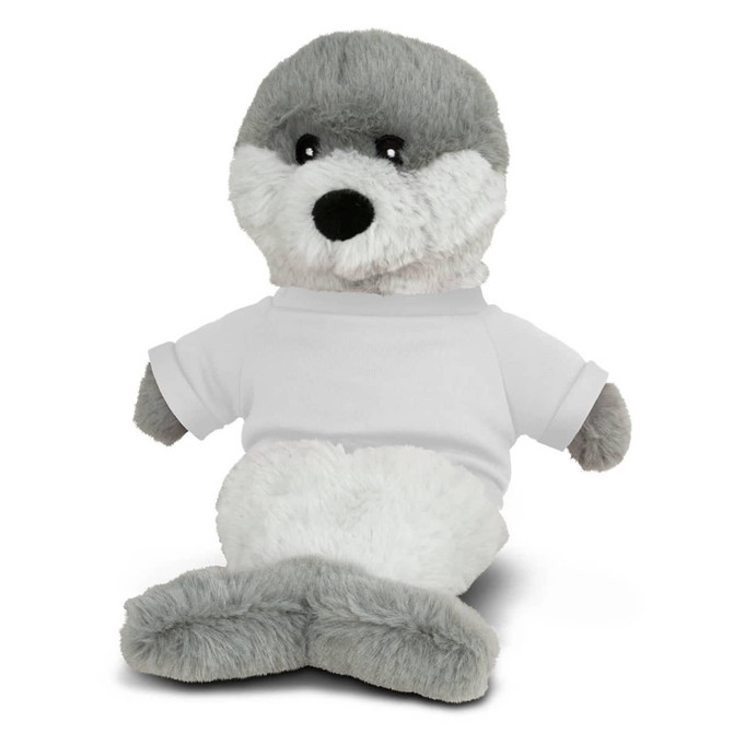 A grey and white plush seal toy wearing a blank white T-shirt, sitting upright. It has a cute, soft appearance.