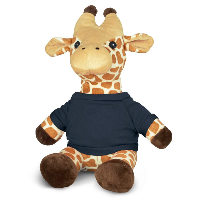 A plush giraffe toy with tan and brown spots, wearing a dark blue shirt, featuring a friendly expression.