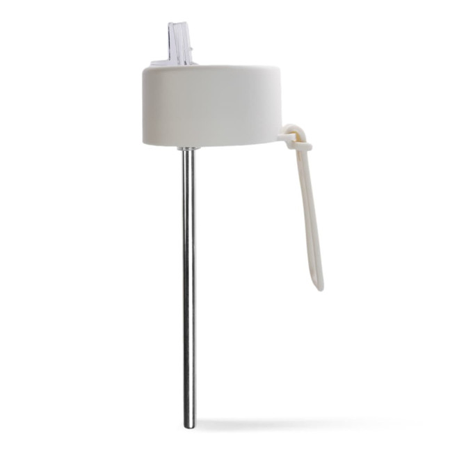 A drink bottle in white with a stainless steel straw and a removable cap. Features a logo.