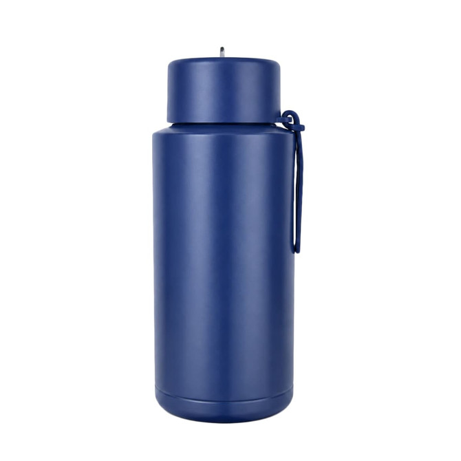 A drink bottle with a matte navy finish, featuring a screw top and a carry loop. It has a logo on the surface.