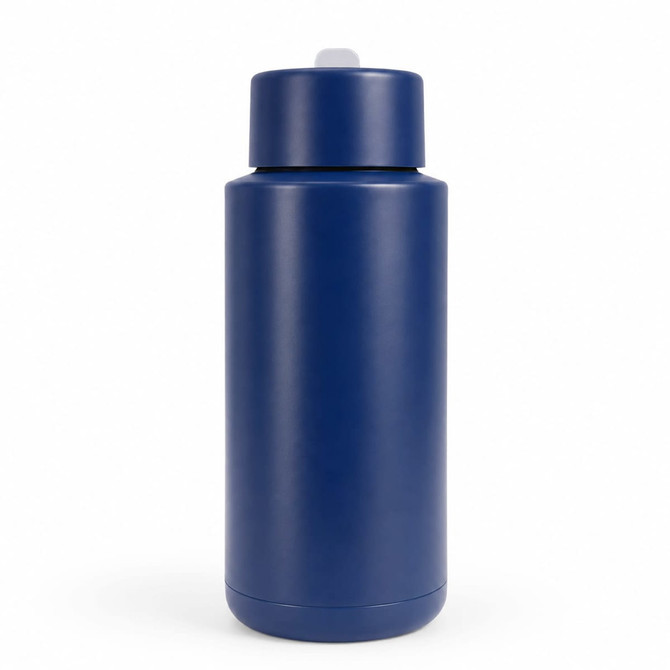 A drink bottle in navy blue, featuring a sleek, cylindrical design and a cap. It includes a logo on the surface.