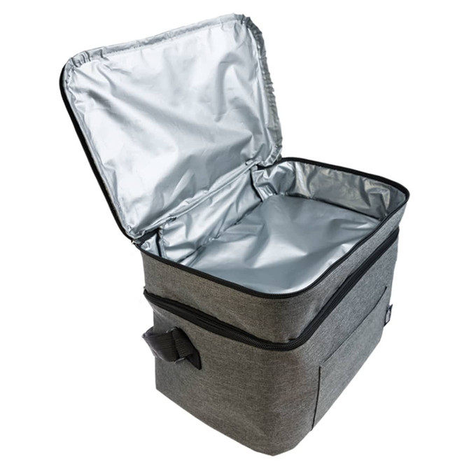 A grey cooler bag with a silver interior, featuring a zip closure and carrying handle. It has a logo on the side.