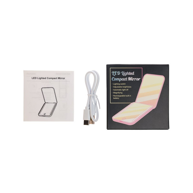 A LED compact mirror in a black box, accompanied by a user manual and a white USB charging cable.