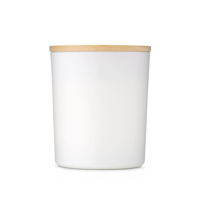 A large white glass candle with a bamboo lid. The design is simple and elegant, suitable for home décor.