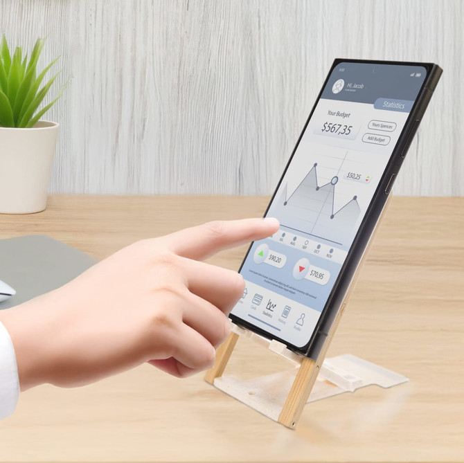 A wooden phone stand supports a smartphone displaying a budget app, with a green plant in the background.
