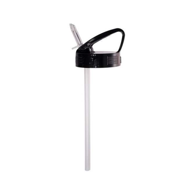 A drink bottle featuring a black flip straw lid and a clear straw. The bottle has a handle for easy carrying.