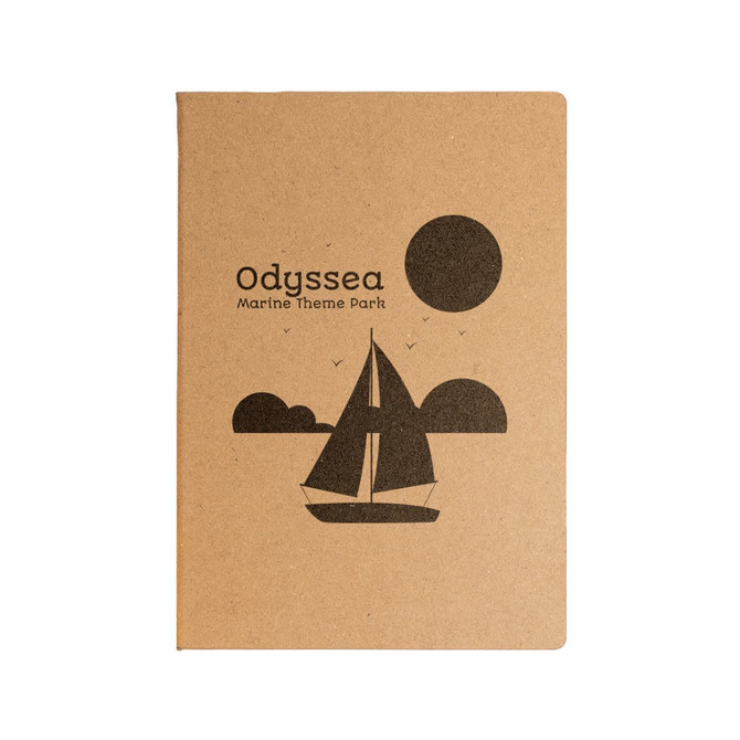 A brown planner with a sailboat and sun design on the cover, featuring a logo for a marine theme park.