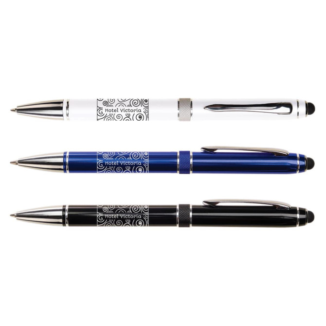 Three metal pens in white, blue, and black, each featuring a logo and a shiny finish.