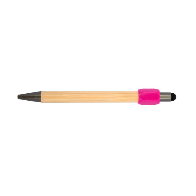 A bamboo pen with a black tip and bright pink grip, featuring a branding logo.