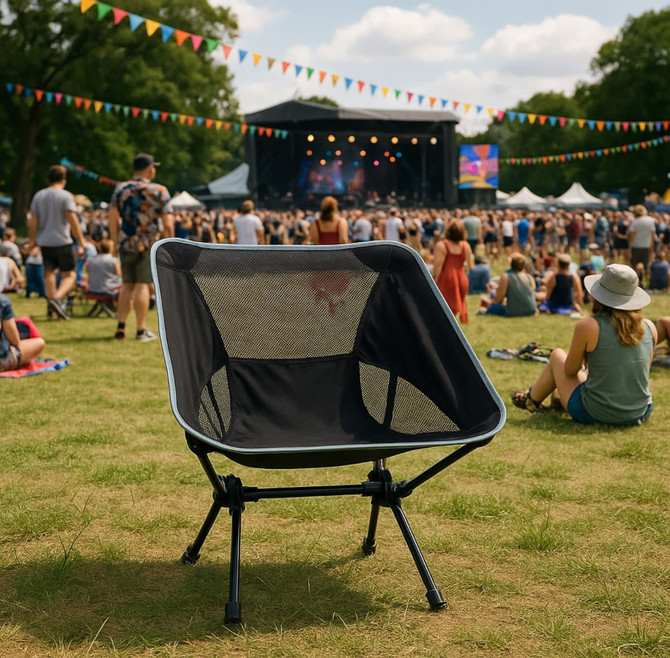 A black folding chair with a mesh backrest set against a vibrant outdoor festival scene.