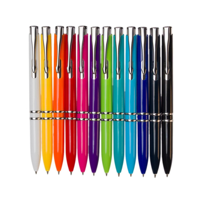 A collection of pens in various colours, including white, orange, yellow, pink, green, blue, and black, with silver accents.