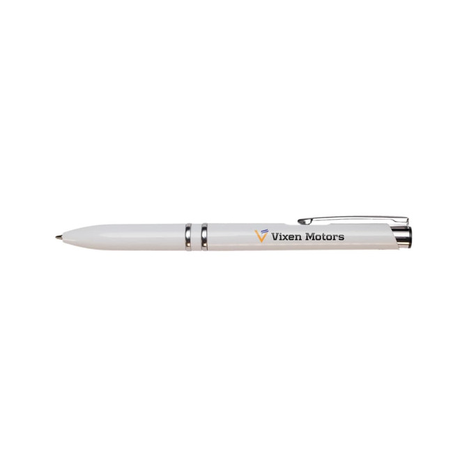 A white plastic pen with silver accents and a logo. It has a sleek, modern design.